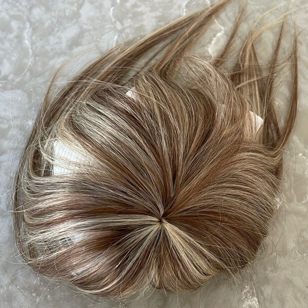 NWT 100% human REMY bronde hair topper HAND TIED silk invisinet highlights sandy